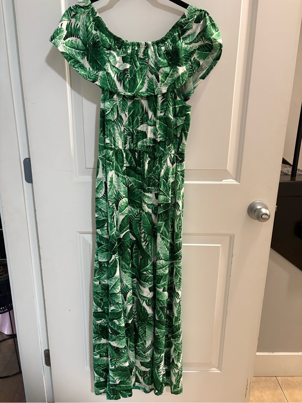 Green Leaf-Print Off-Shoulder Maxi Dress